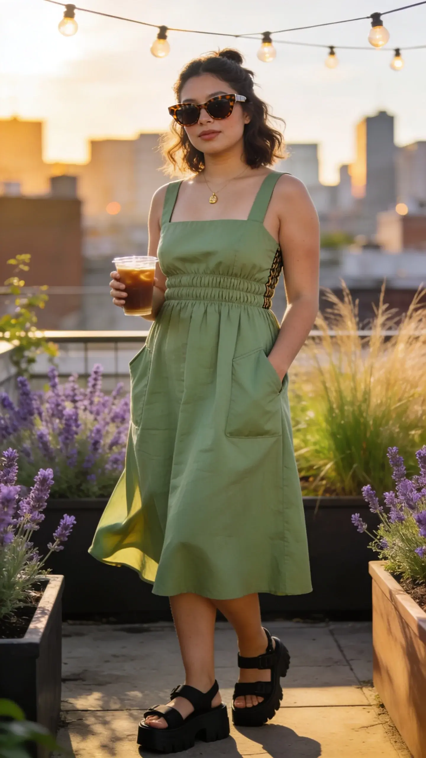 A confident midsize woman in her late 20s stands on a sunny city rooftop garden, wearing a breezy, knee-length cotton poplin sundress in a soft sage green with wide, supportive straps, a square neckline, and a smocked back; the A-line skirt gently flares and includes subtle side pockets where her hands rest casually. She pairs the dress with chunky black dad sandals and tortoiseshell sunglasses, carrying an iced coffee in a clear cup. Her medium-length wavy hair is half-up, natural makeup with a dewy finish, and a delicate gold pendant necklace. The scene features planters of lavender and grasses, string lights overhead, and a soft bokeh skyline in the background under golden-hour light. The fabric has a crisp, non-clinging texture, slight movement in the skirt from a light breeze, realistic skin texture and proportions, warm color grading, shallow depth of field, high-resolution editorial street-style photography, no text.
