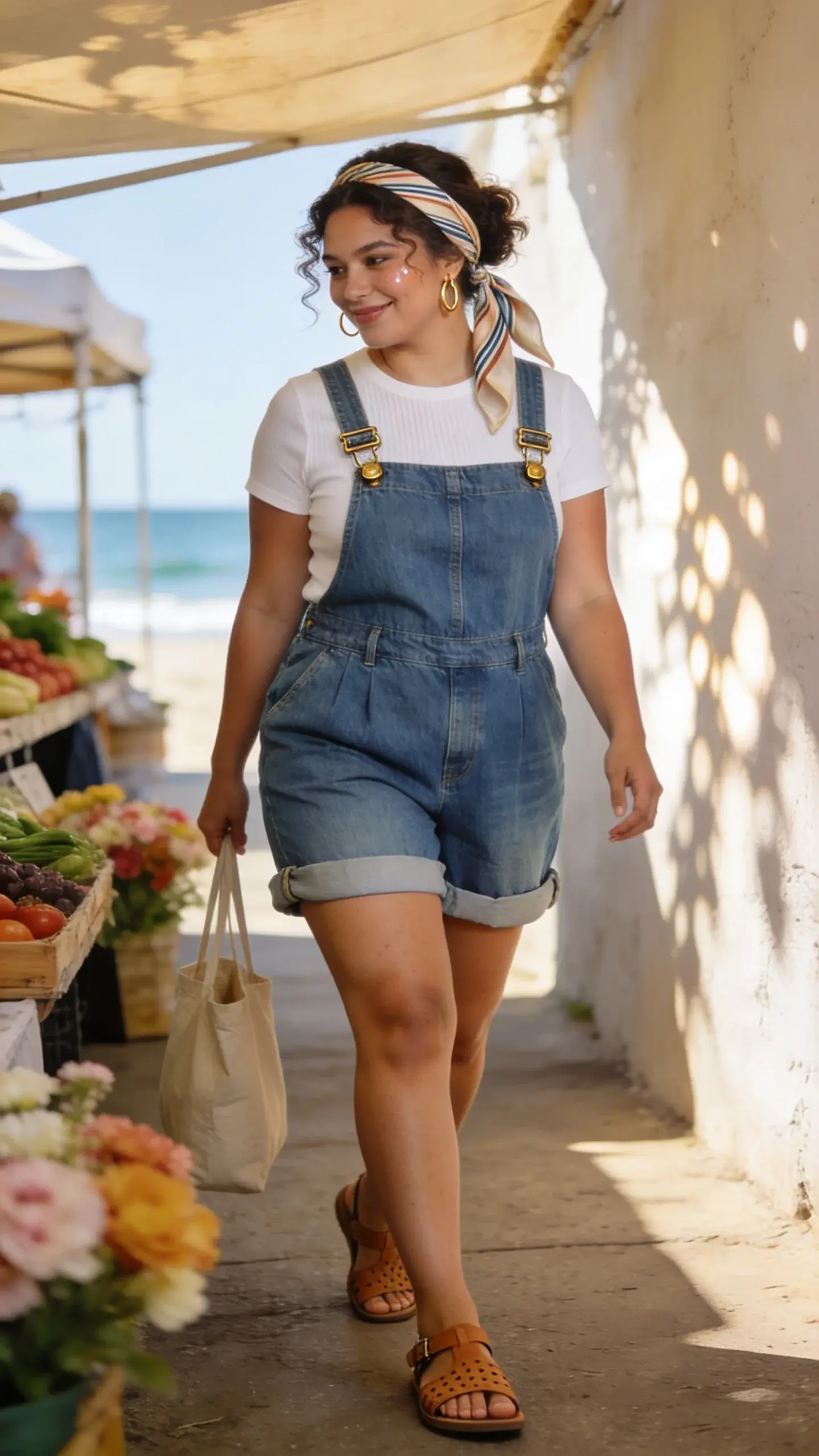 Realistic street-style photo of a midsize woman (size 12–14) wearing statement shortalls in a slightly structured, medium-wash denim that gently skims her curves, with adjustable brass-clip straps and a relaxed, easy waist. Underlayer: fitted white ribbed crewneck tee. Footwear: tan leather fisherman sandals. Accessories: slim gold hoops, a soft silk scarf in coastal stripes tied as a headband, minimal tote bag in canvas. Scene: sunlit weekend market in a breezy beach town—stalls of fresh produce and flowers, pale stucco walls, dappled sunlight, and a hint of ocean light in the background. Styling notes: rolled shortall hems to mid-thigh, subtle makeup with dewy skin, natural curls loosely tucked by the scarf. Color palette: denim blue, warm tan, crisp white, and soft seaside pastels. Composition: three-quarter body shot, candid mid-walk with a relaxed smile, shallow depth of field to keep the subject sharp and background softly blurred. Lighting: golden late-morning natural light with gentle shadows for dimension. Ultra-realistic, high-resolution, editorial fashion photography, no text.