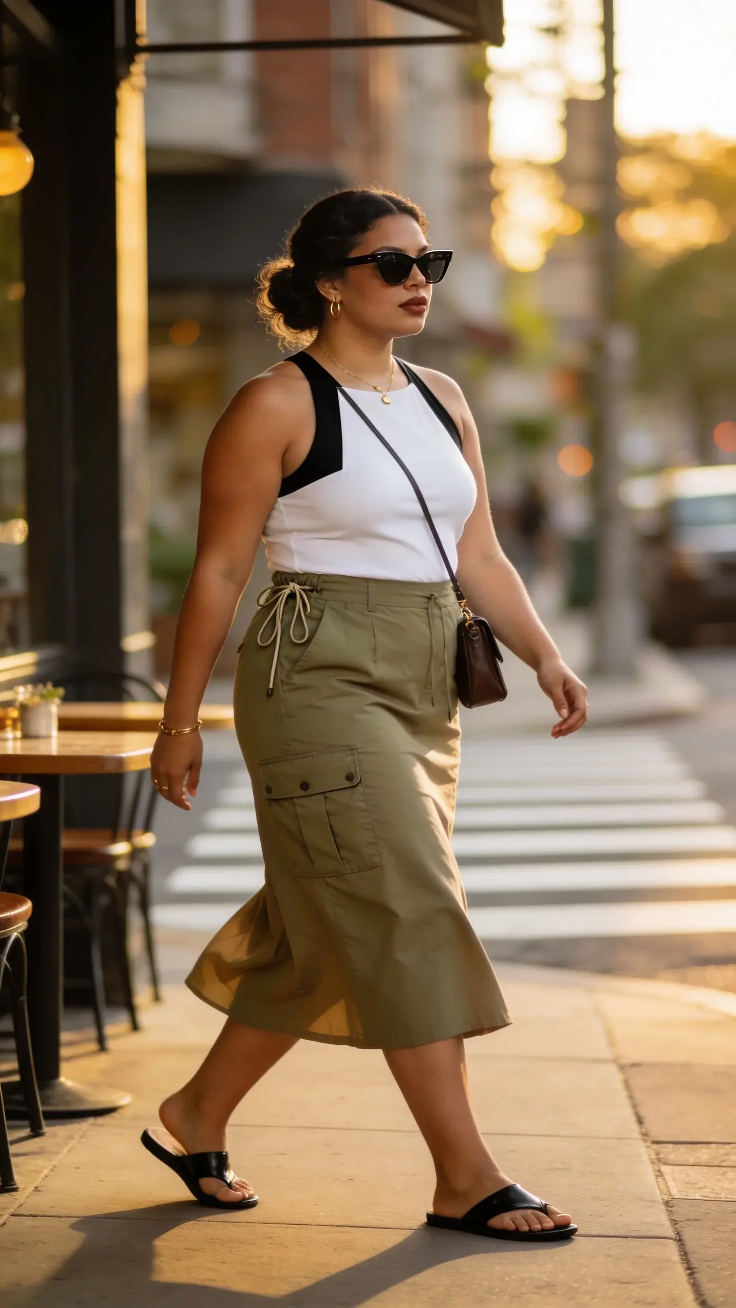 Realistic street-style photo of a midsize woman (size 12–16) in a summer city setting, wearing a knee-to-midi length lightweight cargo skirt with subtle pockets and a drawstring/elastic back in ripstop nylon or soft tencel, paired with a polished tank (square neck or halter) that balances the utilitarian vibe; color palette: earthy olive or sand skirt with a crisp white or black tank. She wears sleek black leather flat sandals, minimal gold jewelry, and angular sleek sunglasses. Daylight, soft golden hour city sidewalk with blurred urban background (café tables, crosswalk, soft bokeh). The skirt has gentle drape and movement; the tank is smooth and fitted but comfortable, showing natural curves of a midsize body. Natural makeup, hair in a low bun or soft waves. Include a small crossbody leather bag. Photorealistic, high-resolution, editorial fashion feel, shallow depth of field, candid mid-stride pose, no text.