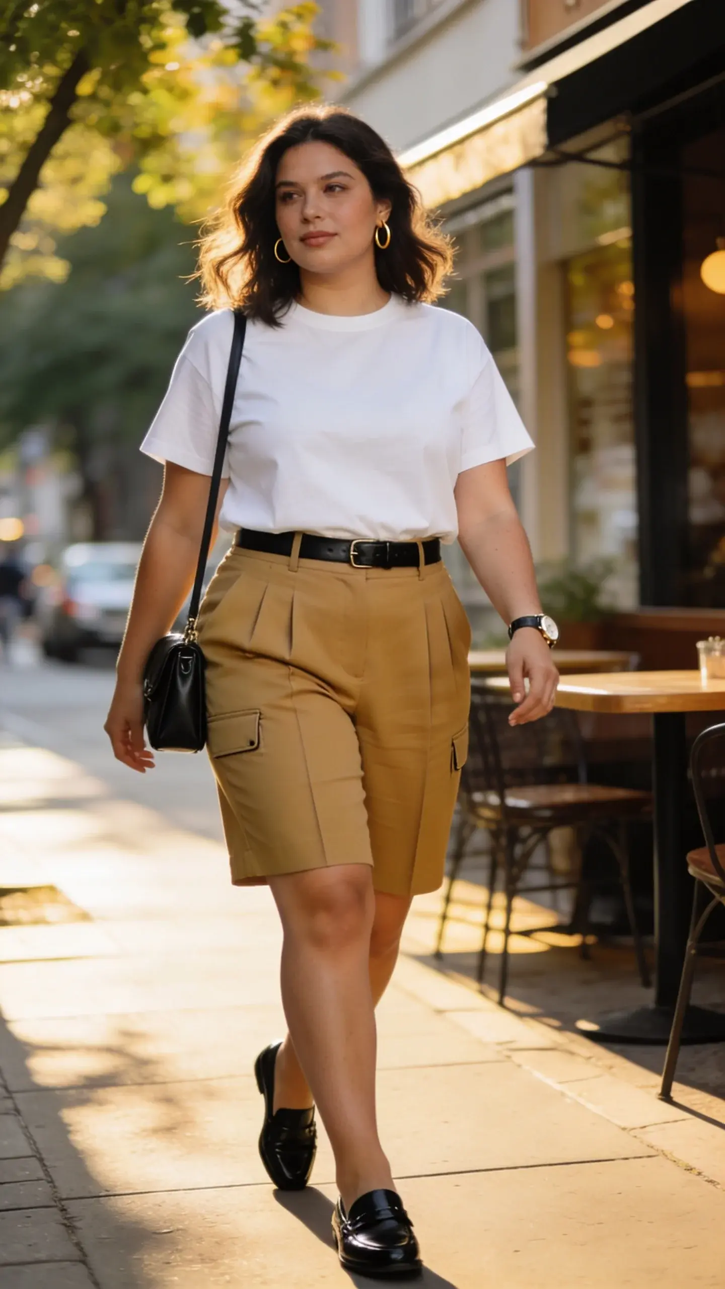 Realistic street-style photo of a size 14 midsize woman in her late early 30s, walking confidently on a sunlit city sidewalk near a trendy café patio. She wears a crisp white 100% cotton boxy tee with a slightly cropped, straight silhouette and a clean crew neckline, paired with high-rise tailored pleated shorts in tan cotton twill that hit mid-thigh and have subtle front pleats and side pockets. A thin black leather belt cinches the waist for polish. Footwear: sleek black leather loafers. Accessories: minimal gold hoop earrings, black mini crossbody bag with a structured shape worn on the shoulder, simple watch. Hair: shoulder-length, softly waved. Makeup: natural, fresh summer glow. Lighting: golden-hour natural light with soft shadows, warm tones. Background details: leafy trees, bistro tables, light traffic blur, and neutral storefronts to suggest errands or patio drinks. Composition: three-quarter body shot, shallow depth of field to keep focus on outfit textures—crisp tee fabric, twill weave of shorts, smooth leather accessories. No text. Photorealistic, high-resolution, editorial quality.