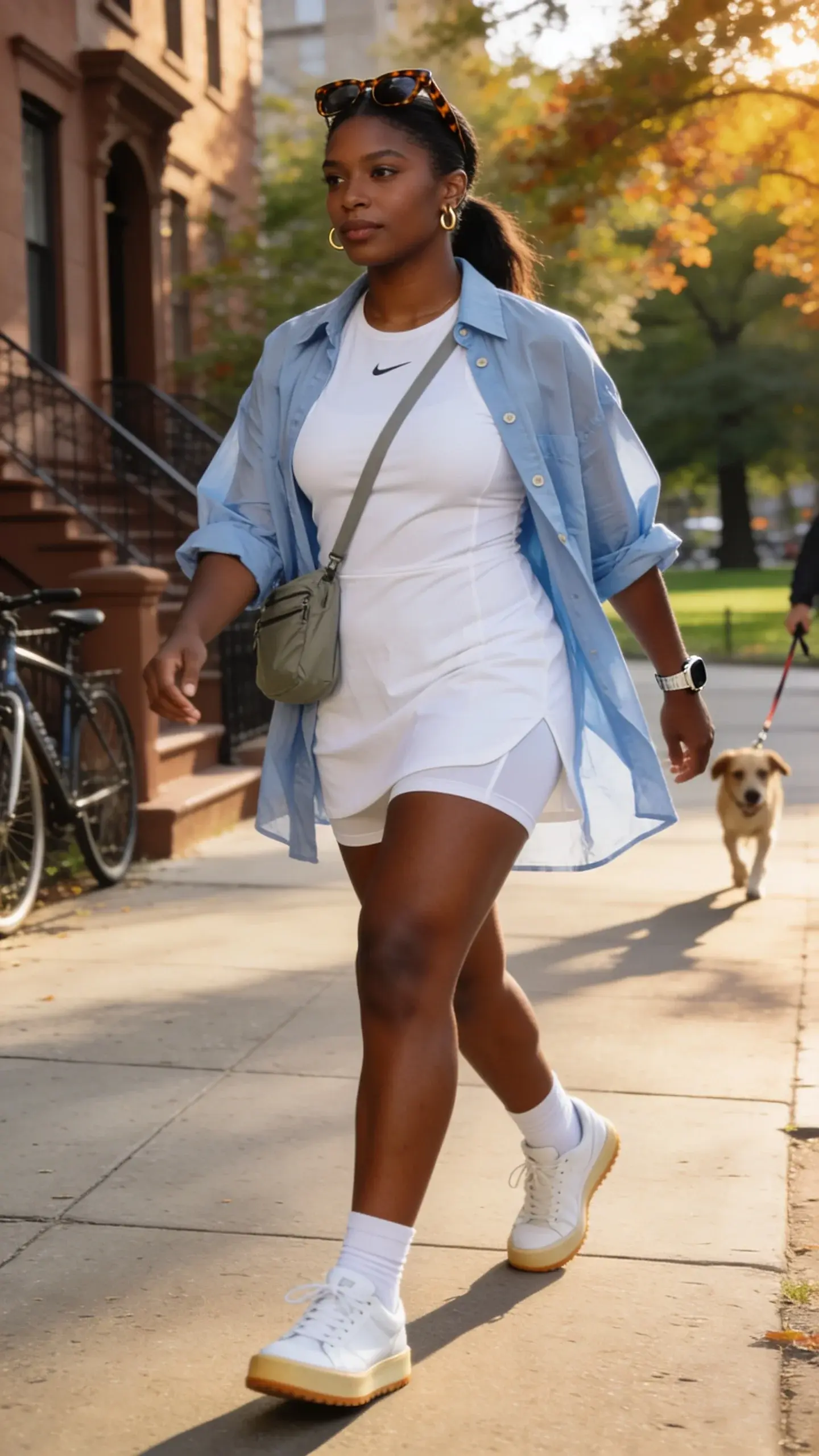 Realistic iphone looking high-quality street-style photo of a size 12 black midsize woman wearing a sporty white athletic dress with built-in shorts layered with an oversized light-blue poplin button-down worn open and breezy; she’s mid-stride on a sunny city sidewalk near a leafy park, late afternoon golden light. She has natural makeup, a relaxed low ponytail, and small gold hoops. Footwear: retro white sneakers with light gum soles; white ankle socks just peeking. Accessories: slim crossbody nylon bag, minimalist watch, and tortoiseshell sunglasses pushed up on her head. The button-down’s fabric is airy and slightly wrinkled; the dress hem hits mid-thigh for easy movement.; Background includes soft-focus brownstone stoops, bicycles, and a dog on a leash passing by, suggesting dog-walk/sightseeing energy. Color palette: whites, soft blues, neutrals. Lighting: warm, natural, with gentle shadows; emphasize breathable textures (poplin, athletic knit), confident posture, and “tennis-core” inspiration without explicit sports setting. No text, no logos, photorealistic, shallow depth of field, 50mm lens look.