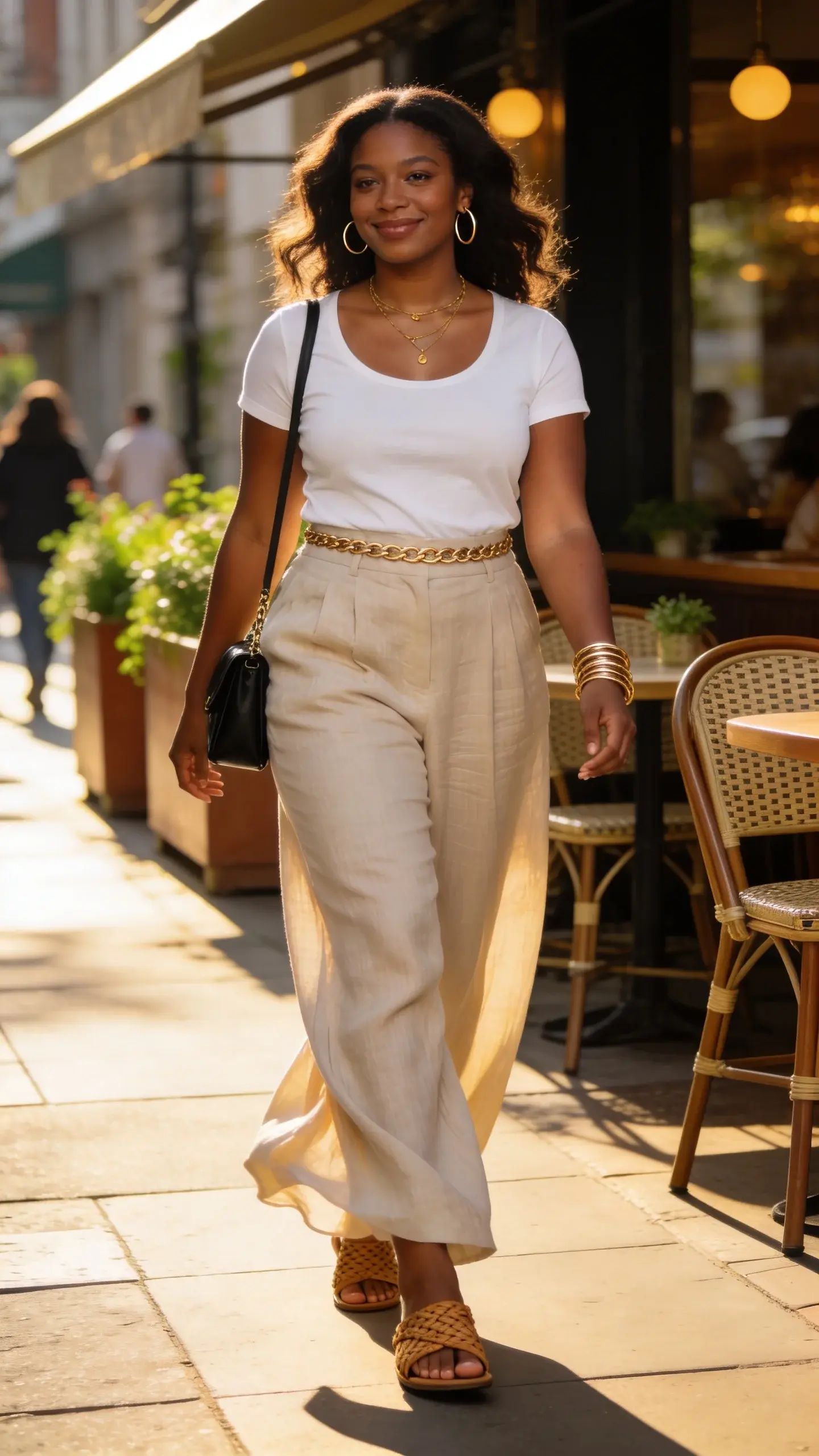 Realistic high-fashion street-style photo of a size 12 light skin black woman midsize woman wearing a wide-leg trouser + baby tee outfit on a breezy summer evening in a sunlit city sidewalk café setting. She’s mid-walk, confident, smiling slightly, with natural makeup and soft waves. Outfit details: high-rise, full-length floaty wide-leg trousers in light beige linen-viscose that drape and move with the breeze; fitted white tank top that hits right at the waistband; thin gold chain belt peeking at the waist; layered delicate gold necklaces; minimal hoop earrings and gold stacked bangles; woven tan leather slides ; structured black mini shoulder bag. Styling is polished yet relaxed. Lighting is golden hour with soft shadows, subtle wind motion in the trousers. Background includes café chairs, planters with greenery, and blurred pedestrians for depth of field. Color palette: neutrals with warm gold accents. Shot on a full-frame camera, 50mm lens, shallow depth of field, ultra-detailed fabric texture, natural skin texture, no text.