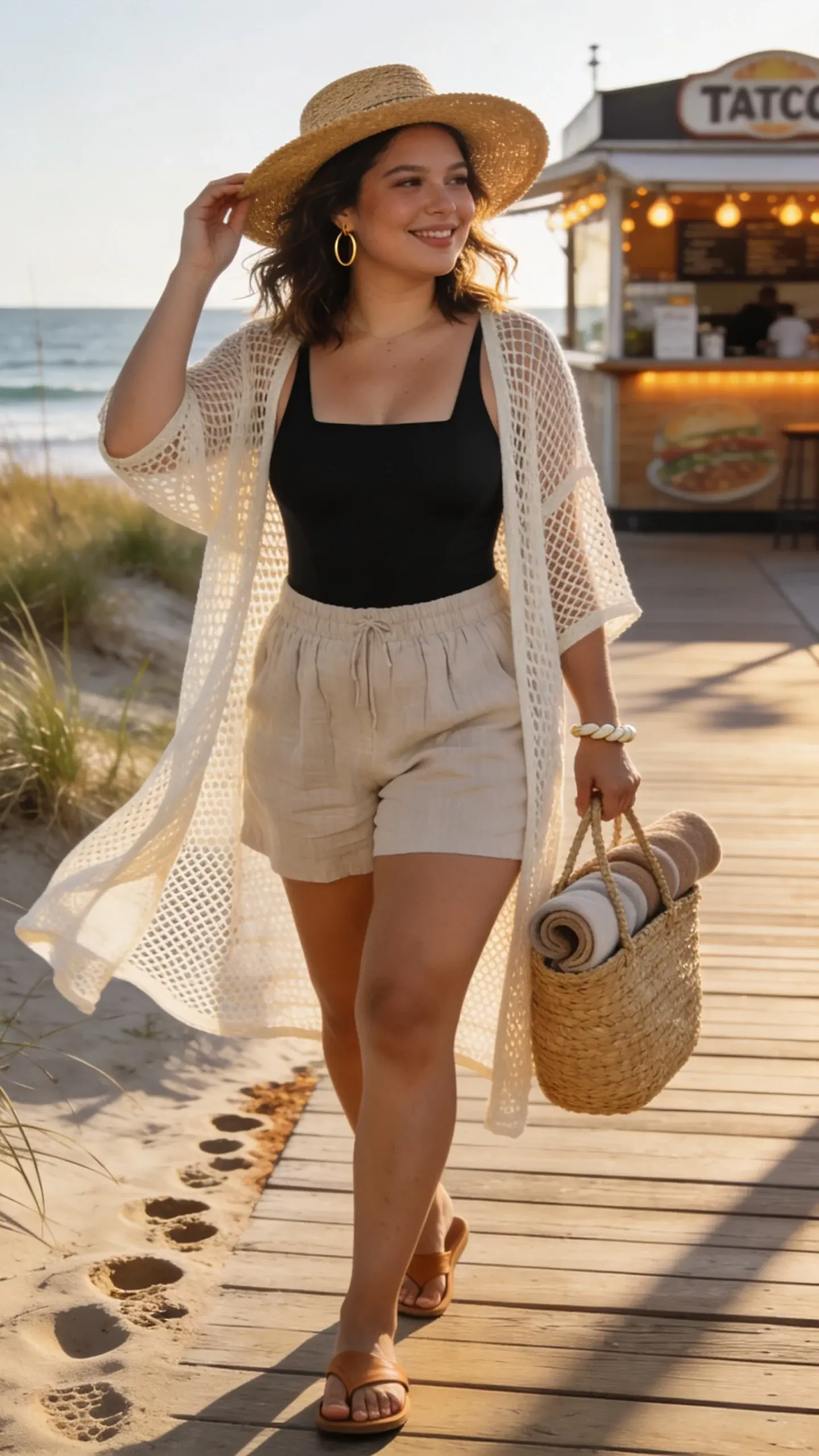 Realistic, high-resolution lifestyle photo of a midsize woman size 14 walking from the beach to a casual boardwalk coffee café the banner reads "cafe"at golden hour. She wears a black supportive one-piece swimsuit with a clean square neckline, layered under a sheer, off-white mesh/open-knit longline cardigan that’s slightly oversized and airy. She pairs it with high-waisted, elastic-waist linen pull-on shorts in a light sand or oatmeal tone, slightly crinkled for texture. Footwear: minimal tan leather slide sandals. Accessories: wide-brim woven straw hat, simple gold hoop earrings, slim shell bracelet, and a woven straw tote with a rolled beach towel peeking out. Styling: salt-spritzed, shoulder-length waves; natural, glowy makeup with sunkissed skin. Pose: mid-stride, relaxed smile, one hand adjusting hat, the other holding the tote; cardigan catching a light breeze to show movement and mesh texture. Setting: sunlit boardwalk beside dunes and sea grasses, soft ocean in background, casual taco stand in the near distance with warm ambient light; wooden planks, scattered shadows, and footprints in sand at the edge. Color palette: neutrals (cream, sand, tan) with black swimsuit contrast and warm golden light. Composition: three-quarter body framing, slight low angle for confidence; shallow depth of field to keep focus on outfit textures (mesh, linen, leather) while softly blurring background. No text. Photographic style: editorial street-style meets beach lifestyle, crisp details, natural light, subtle filmic grain.