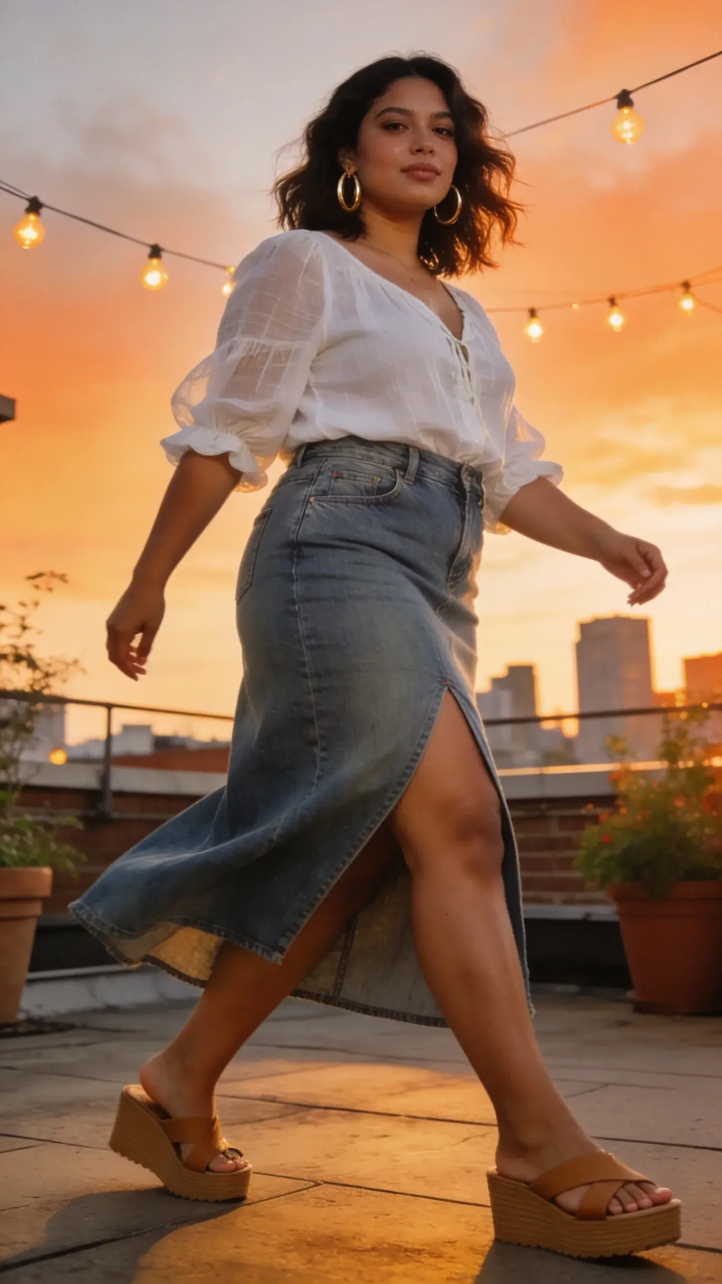 Golden-hour rooftop scene featuring a confident size 14 latina midsize woman as the main subject, styled in a summer-casual look: a medium-wash denim maxi skirt with a front slit hitting just above the knee, mid-rise with slight stretch, paired with an airy white gauzy peasant blouse with billowy sleeves tucked slightly at the front. She wears chunky gold hoop earrings and tan platform slide sandals that elongate her silhouette. The setting shows string lights, potted plants, and a soft city skyline in the background, suggesting a rooftop The model has warm medium skin tone, shoulder-length wavy hair, minimal dewy makeup, and a relaxed, self-assured pose mid-stride to emphasize the slit’s movement and airflow. Natural sunset lighting with soft highlights on the fabric textures (gauze, denim grain), shallow depth of field, full-body framing with a slight upward angle to enhance the long-line effect. Photorealistic, high-resolution, editorial street-style photography.