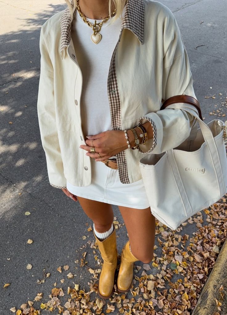 Cream jacket and mini skirt early fall outfit